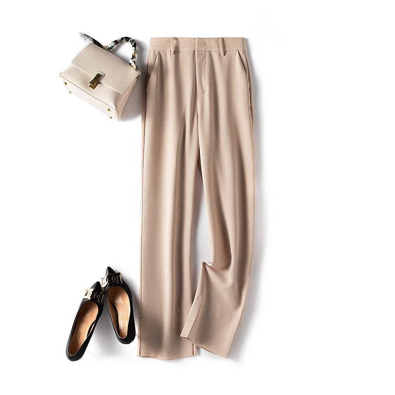 Solid Color High-Waisted Casual Straight-Leg Pants