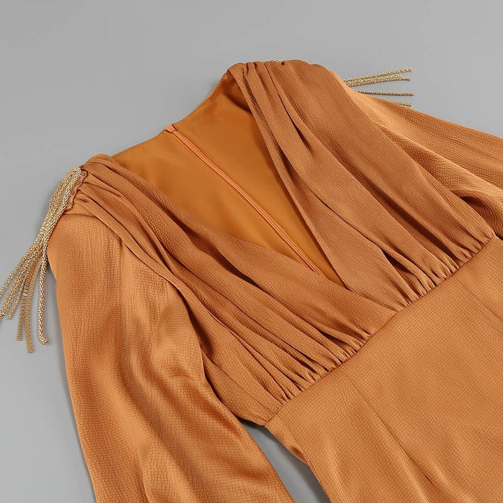 Marian Style Elegant V-Shoulder Dress with Tassel & Slit Hem - Marian Style Boutique
