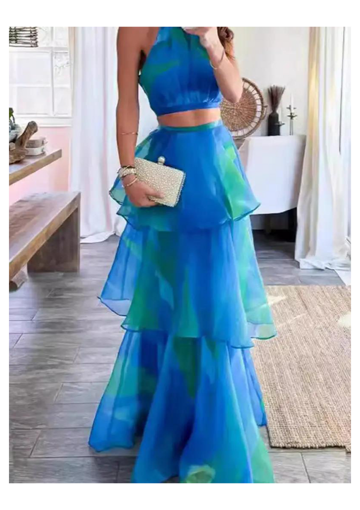 Elegant Gradual Change Print Mesh Halter Sleeveless Two Pieces - Marian Style Boutique