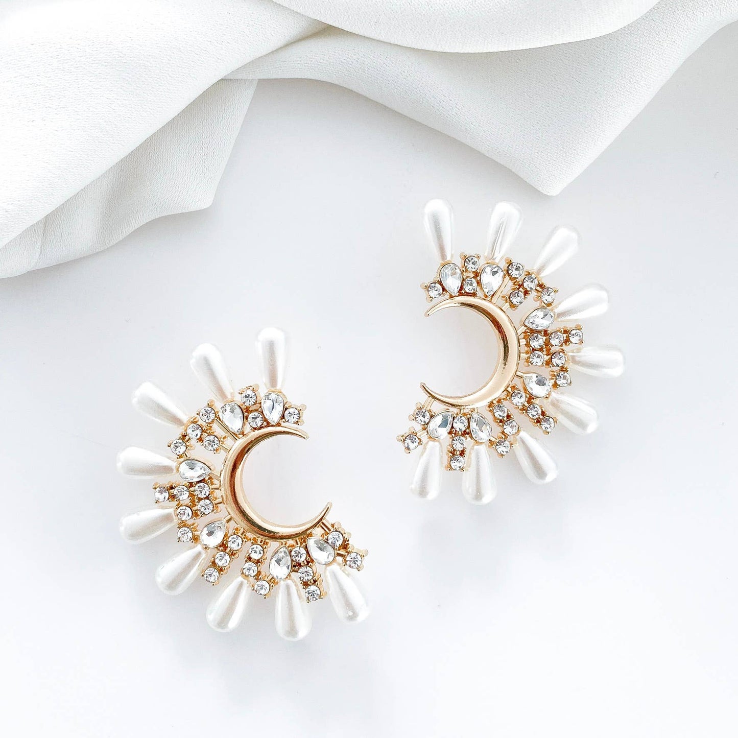 Supernova Half Moon Crystal Pearl Statement earrings