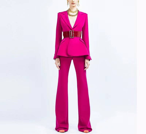 Marian Style Elegant Belted Suit & Bootcut Trousers Set - Marian Style Boutique