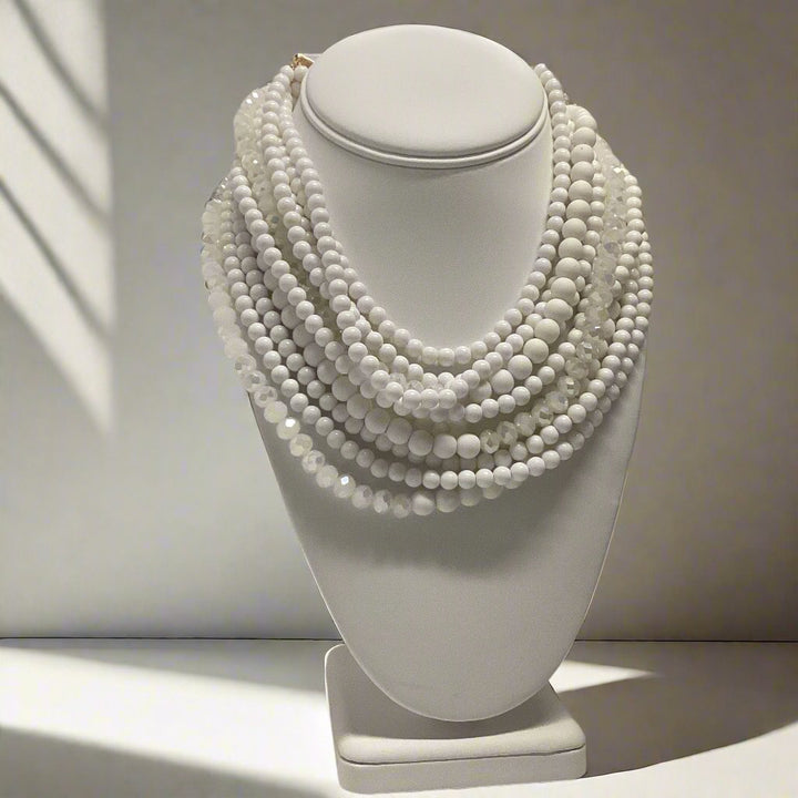 Necklace- White Multi Strand Short Collar - Marian Style Boutique
