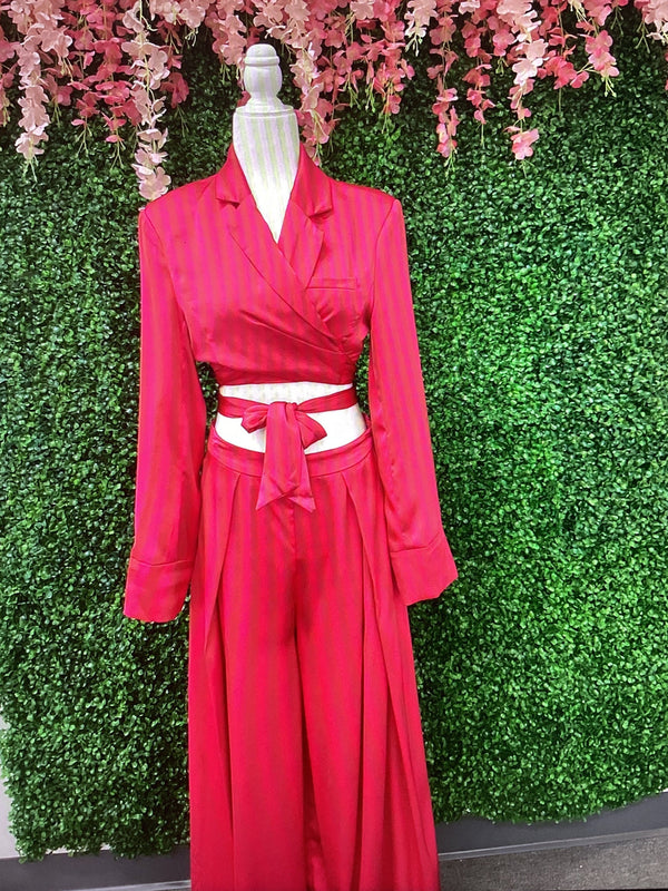 Two Piece Pants- Fuchsia Satin Wide Leg Pants and Tie Back Blazer - Marian Style Boutique