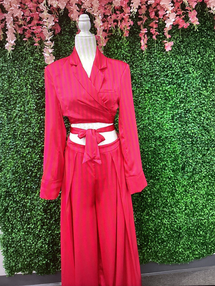 Two Piece Pants- Fuchsia Satin Wide Leg Pants and Tie Back Blazer - Marian Style Boutique