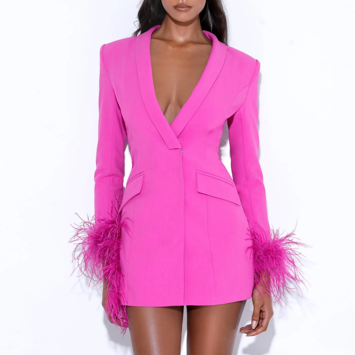 Madeline fuchsia feather trim blazer dress - Marian Style Boutique
