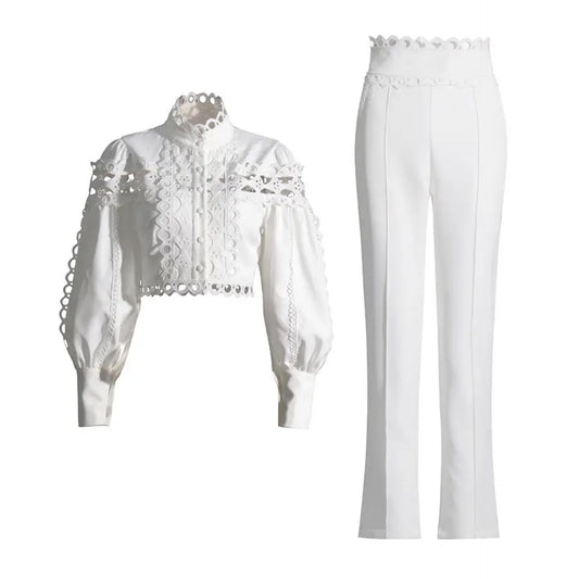 Two Piece Sets- Set hollow Lace Shirt & High-Waist Suit Pants