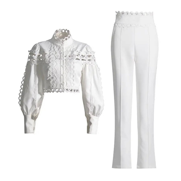 Two Piece Sets- Set hollow Lace Shirt & High-Waist Suit Pants - Marian Style Boutique