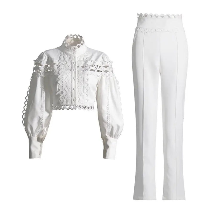 Two Piece Sets- Set hollow Lace Shirt & High-Waist Suit Pants - Marian Style Boutique