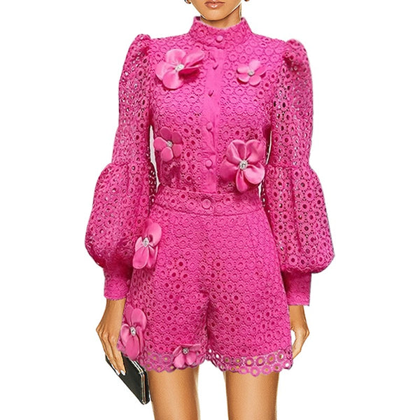 Set Lace Lantern Sleeve Suit - Chic Summer Set" - Marian Style Boutique