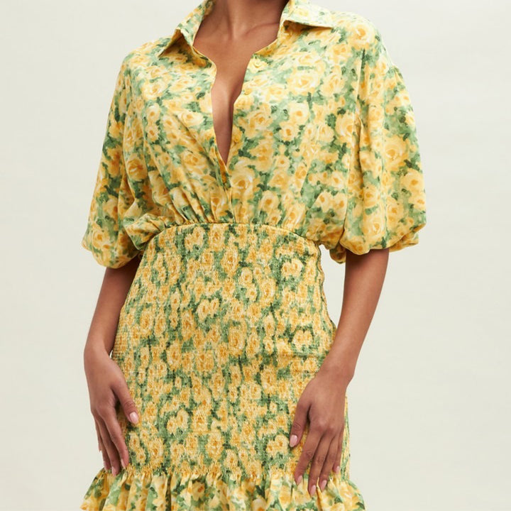 Dress- Yellow Green Smocked Shirt Dress - Marian Style Boutique