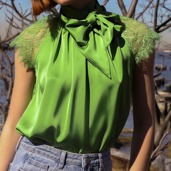 Satin Mock Neck Tie Back Lace Cap Sleeve Top - Marian Style Boutique