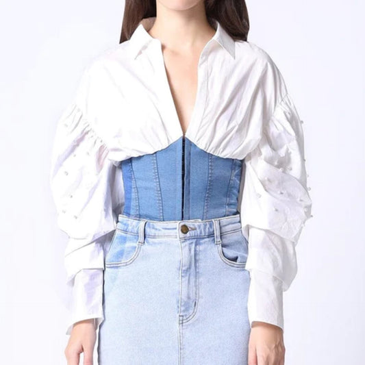 Denim corset waist Pearl corded: white/denim