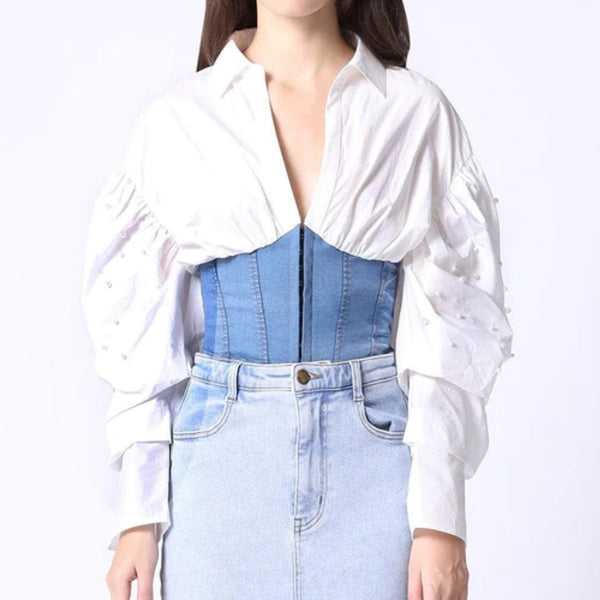 Denim corset waist Pearl corded: white/denim - Marian Style Boutique