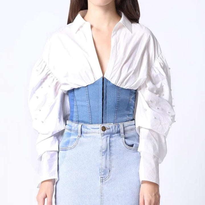 Denim corset waist Pearl corded: white/denim - Marian Style Boutique