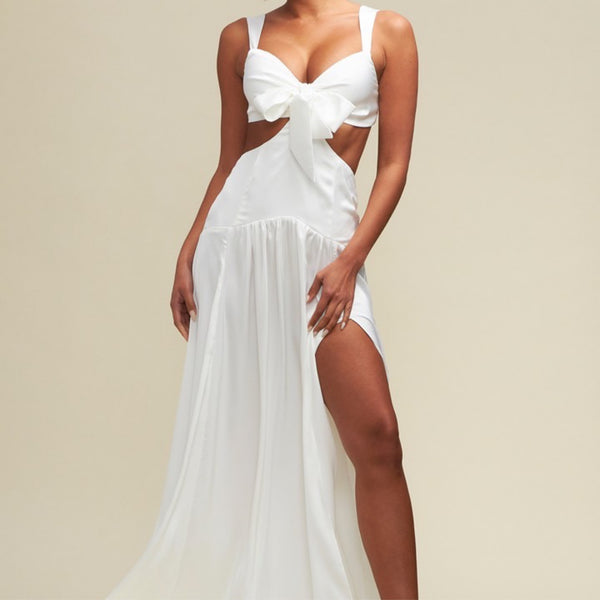 Dress- White Satin Tie Front Dress - Marian Style Boutique