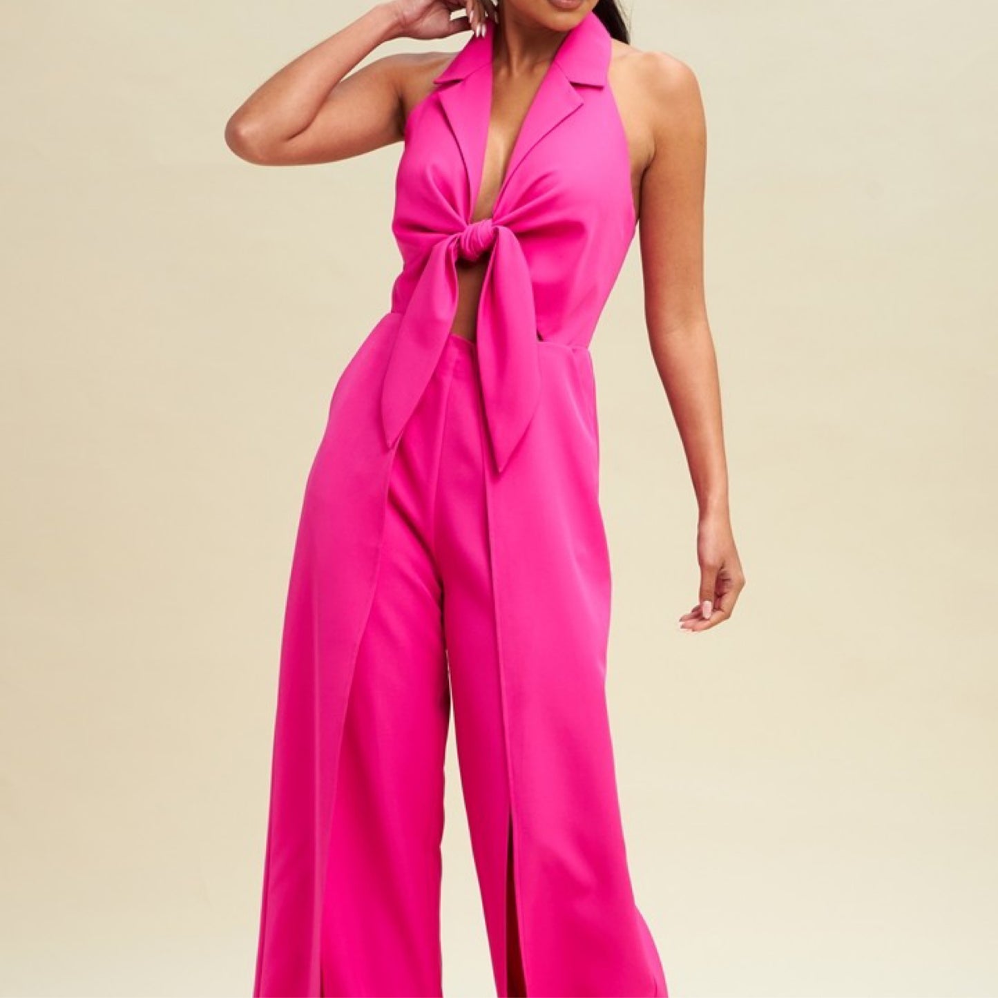 Jumpsuits - Halter tie Front Split Jumpsuit