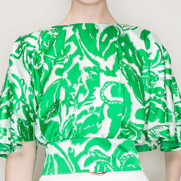 Satin Flutter Kimino Sleeve Abstract Print Top - Marian Style Boutique