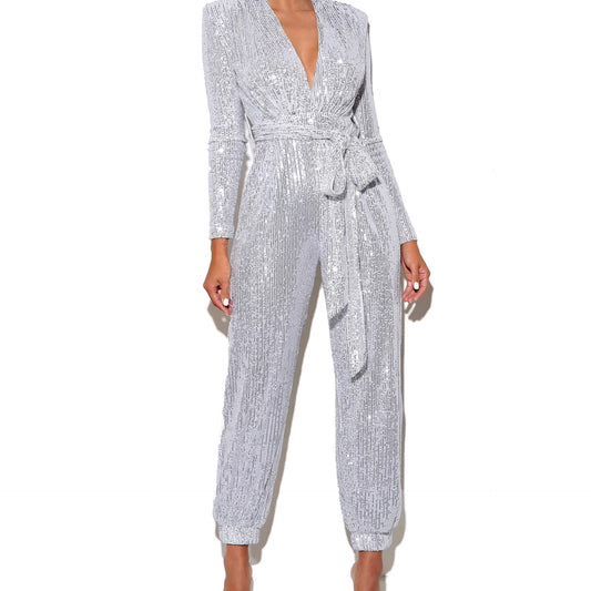 Tasha silver sequin jumpsuit with waist tie