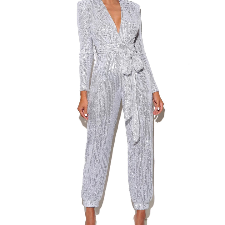 Tasha silver sequin jumpsuit with waist tie - Marian Style Boutique
