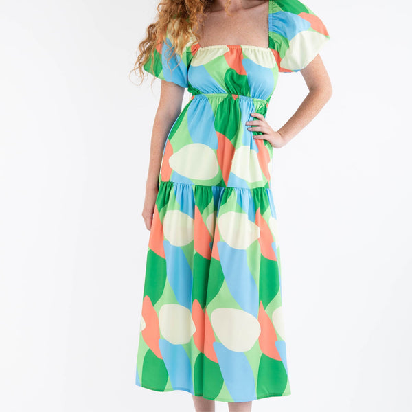 Dresses - Abstract square neck cross back tie ruffle sleeve mini dress - Marian Style Boutique