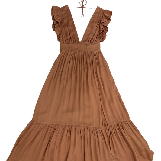 Dress- Mauve Plunging v neck ruffle midi dress  side slit  hidden back zipper with elastic band.