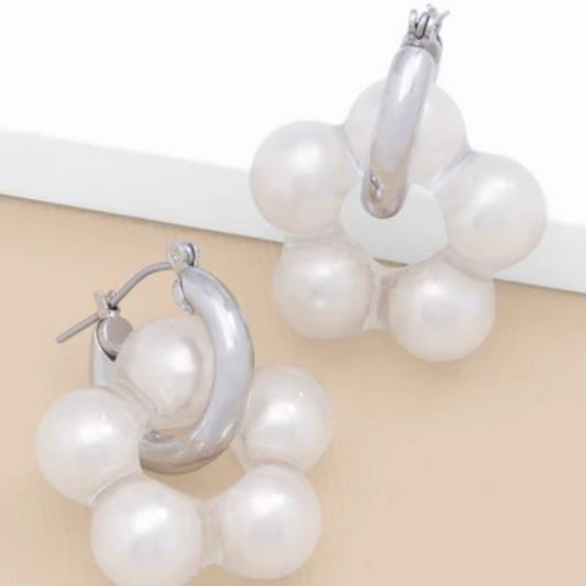 Earrings - 2 in 1 Lucite covered Pearl flower charm hoop earring