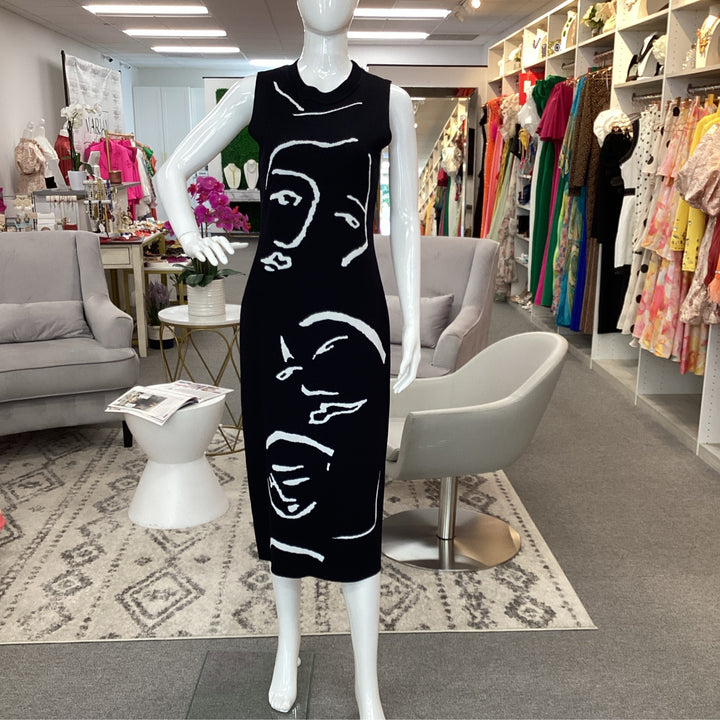 Dresses - Face-Line Print H-Line Knit Dress - Marian Style Boutique