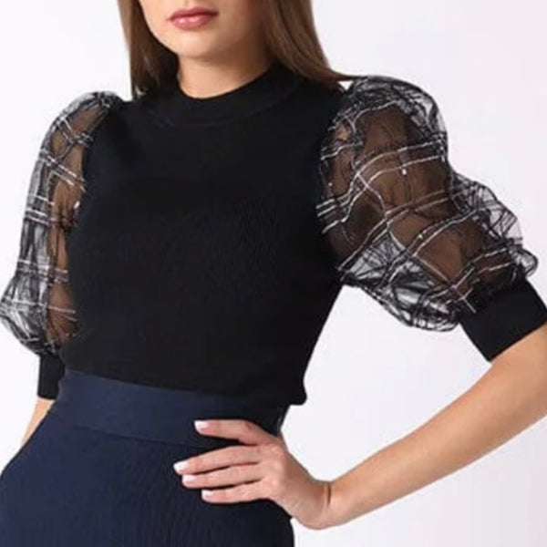 See-through puff shoulders black - Marian Style Boutique
