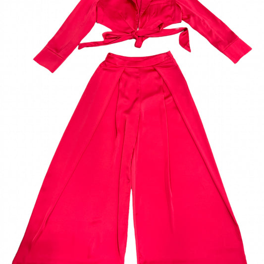 Two Piece Pants- Fuchsia Satin Wide Leg Pants and Tie Back Blazer