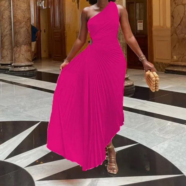 Women's Pleated Skirt Elegant Oblique Collar Pleated Sleeveless Solid Color Maxi Long Dress Banquet Family Gathering - Marian Style Boutique