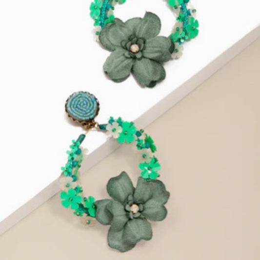 Handmade drop earring embroidered with sequin flowers and 3D flower drop