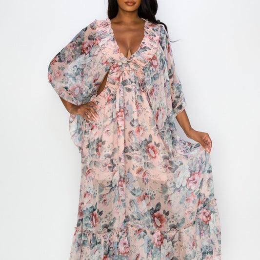 Print wide sleeve v-neck long dress