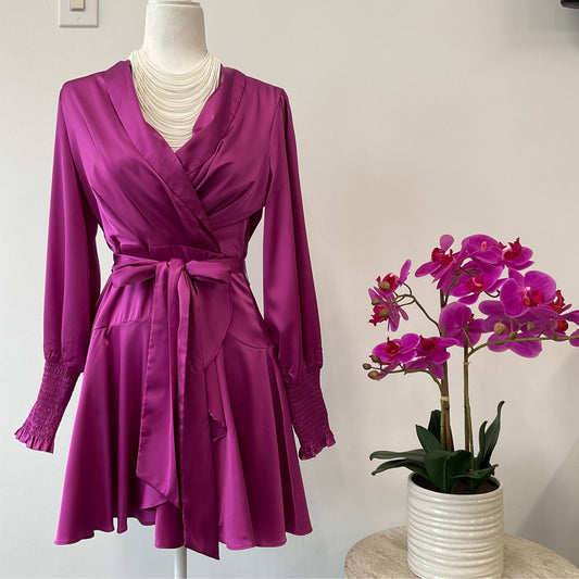 Dress- Purple Satin Tie Waist Wrap Dress