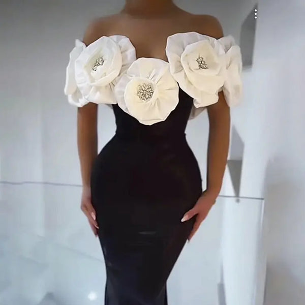 Dress-Evening floral bandage dress-black y white - Marian Style Boutique