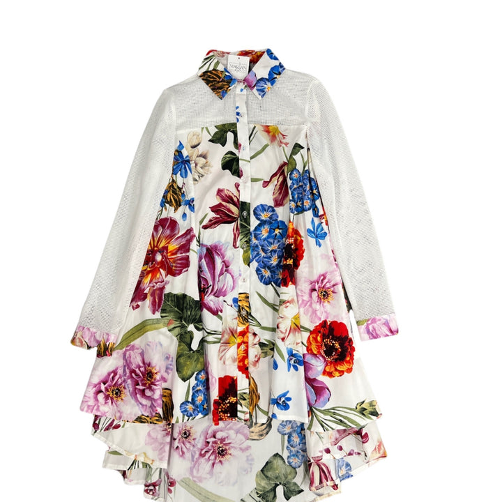 Shirt Dress- Mesh Sleeve & Shoulder Floral Print Dress - Marian Style Boutique