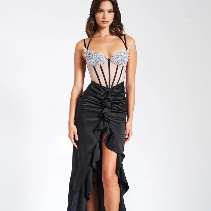 Rafaela black satin corset sequin wing cup dress - Marian Style Boutique