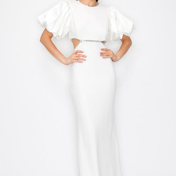 Puff Sleeves Rhinestione Side Cutout Maxi Dress - Marian Style Boutique