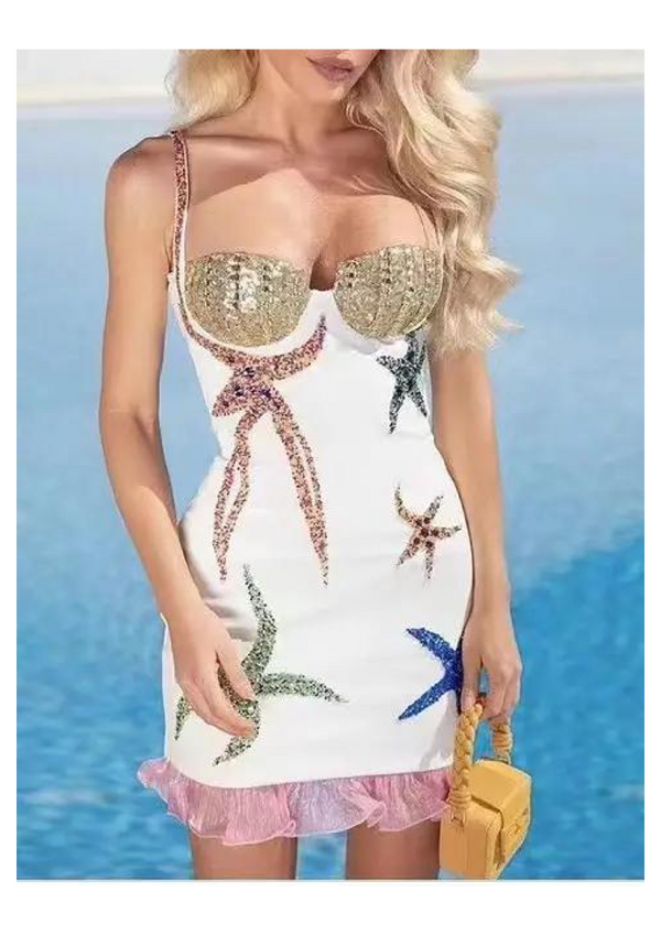 Dress-beaded ocean fantasy suspender dress - Marian Style Boutique