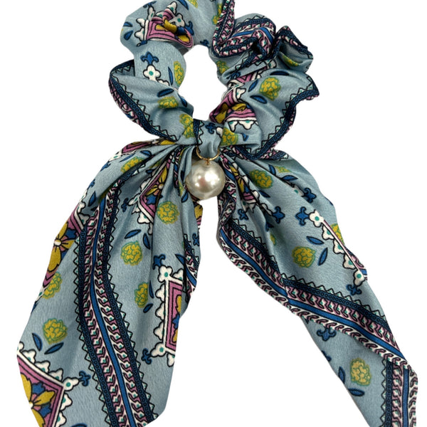 Scrunchie - Light blue dark blue pink yellow green and white design with pearl in middle - Marian Style Boutique