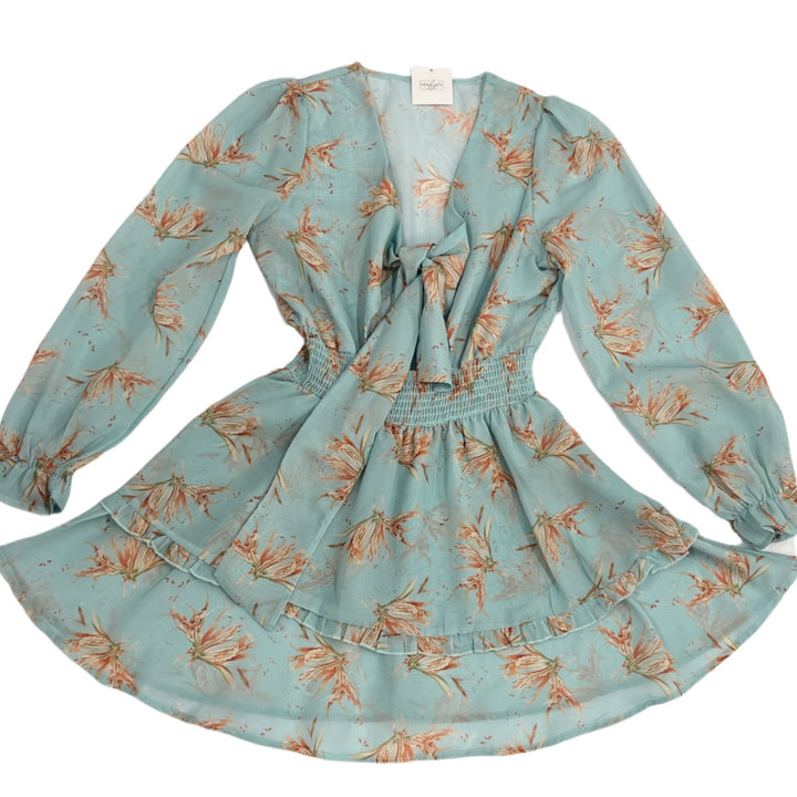 dress- belle sleeves blue designs - Marian Style Boutique