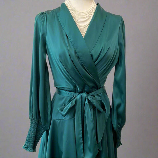 Dress- Green Satin Tie Waist Wrap Dress