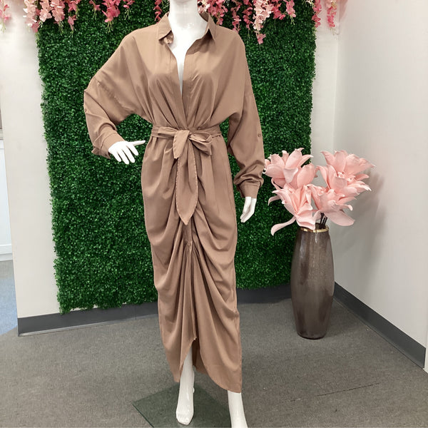 Dress- Brown Sleeve Slit Dress - Marian Style Boutique