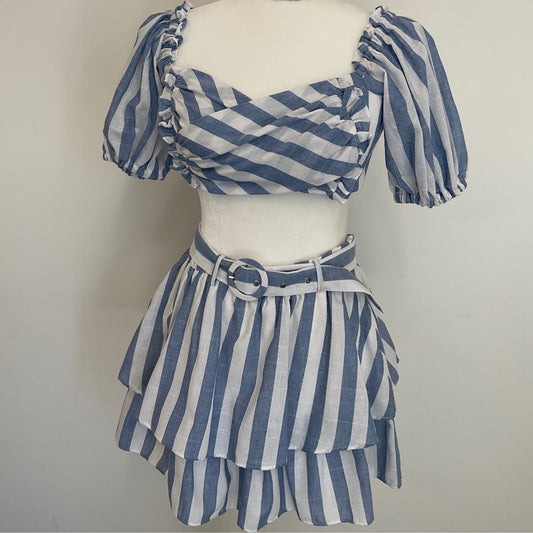 Two piece dress- White  blue stripes  bell sleeved top with texture