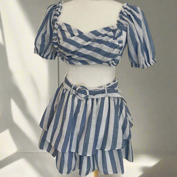 Two piece dress- White blue stripes bell sleeved top with texture - Marian Style Boutique