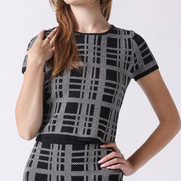 knit Checked Pattern Slim Fit Crop Top - Marian Style Boutique
