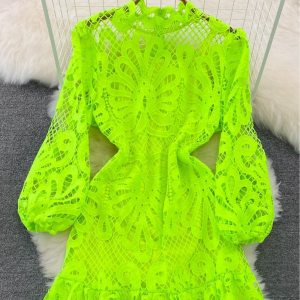 Dress- Lime Green Lace with Puff - Marian Style Boutique