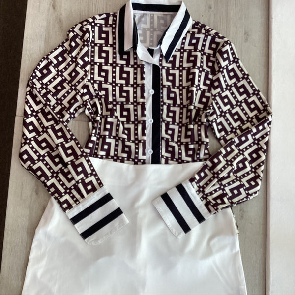 Two Piece Print Long Sleeve Button down Shirt with Skirt - Marian Style Boutique