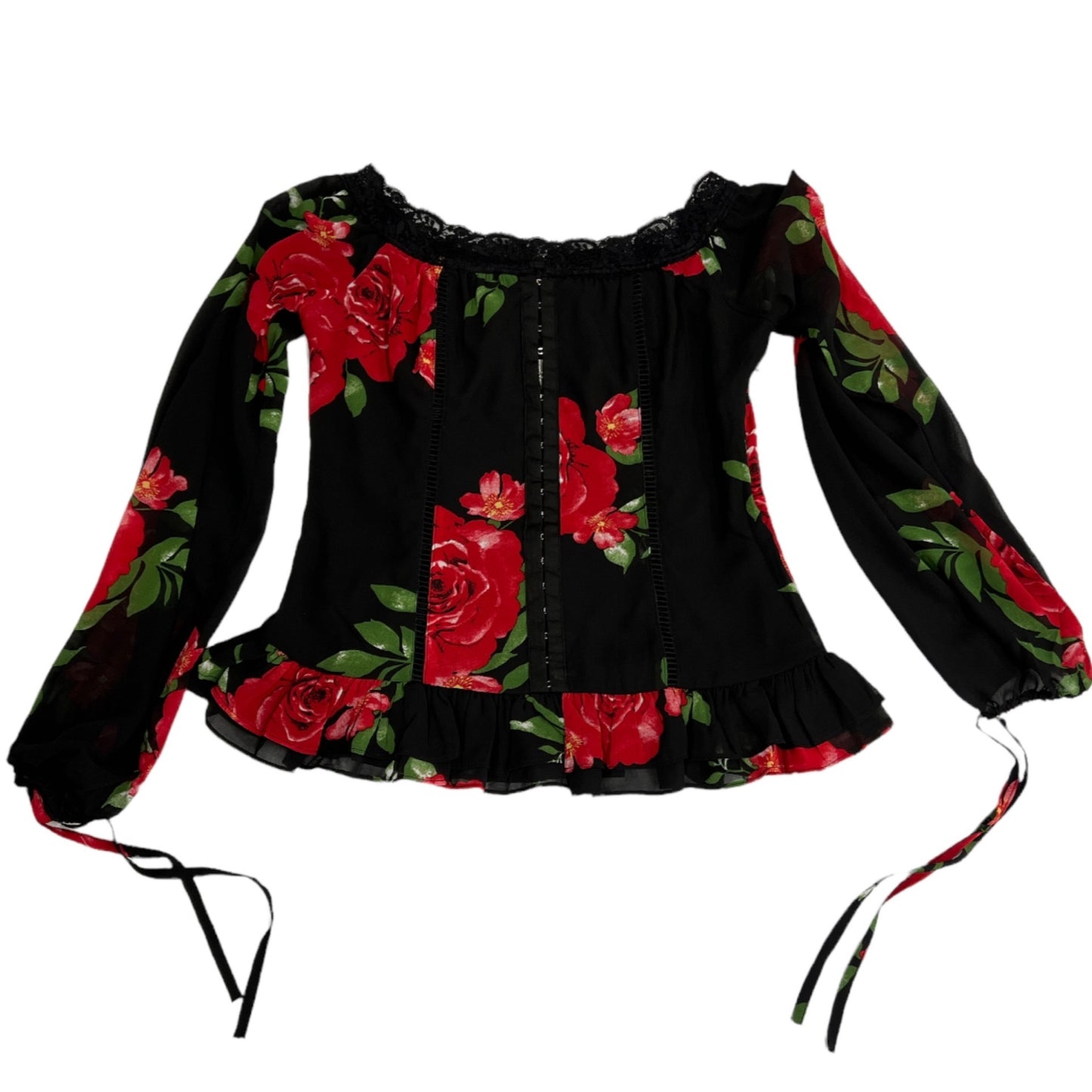 Blouse - floral puff sleeve blouse red and black