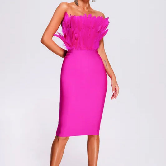 Women's Party Dress Elegant Strapless Feather Sleeveless Solid Color Midi Dress Banquet