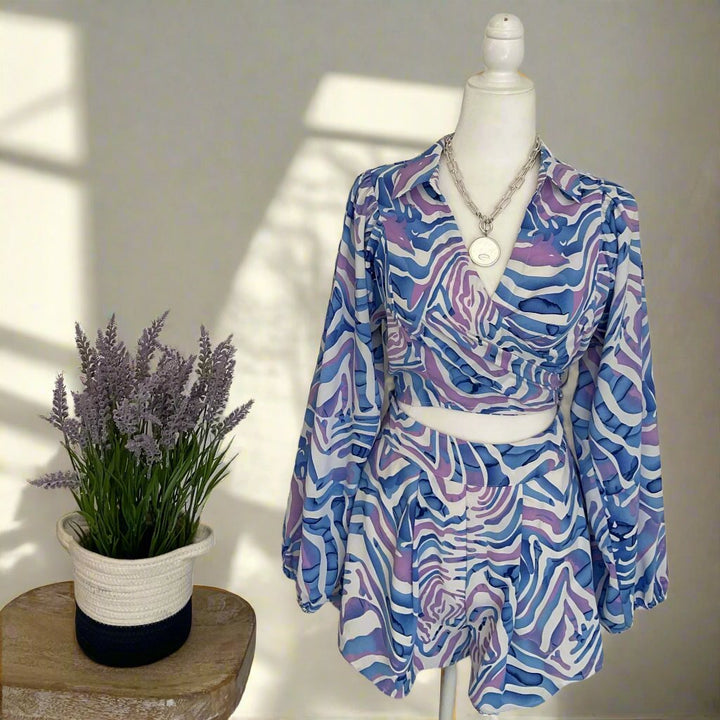 Two piece dress- Colorful blue tinted two piece dress longer top shorter bottom skirt - Marian Style Boutique